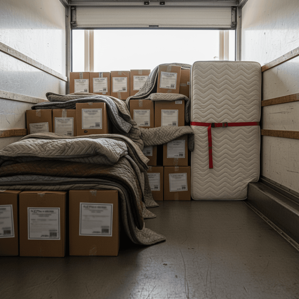 Organized moving truck cargo bay with labeled boxes and secure straps