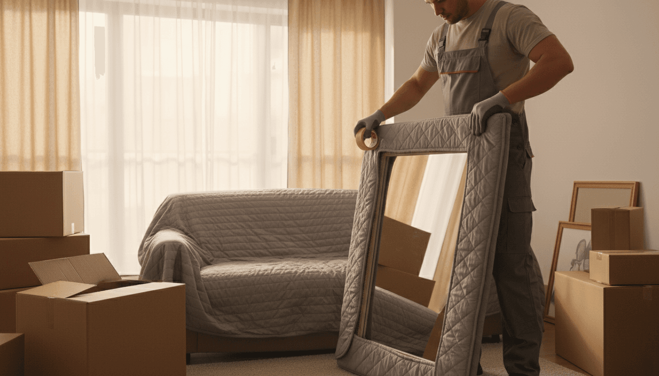 Professional mover embalando un espejo grande con cinta protectora en un salón