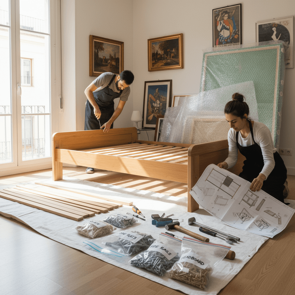 Moving team disassembling a wooden bed frame during a Madrid apartment move