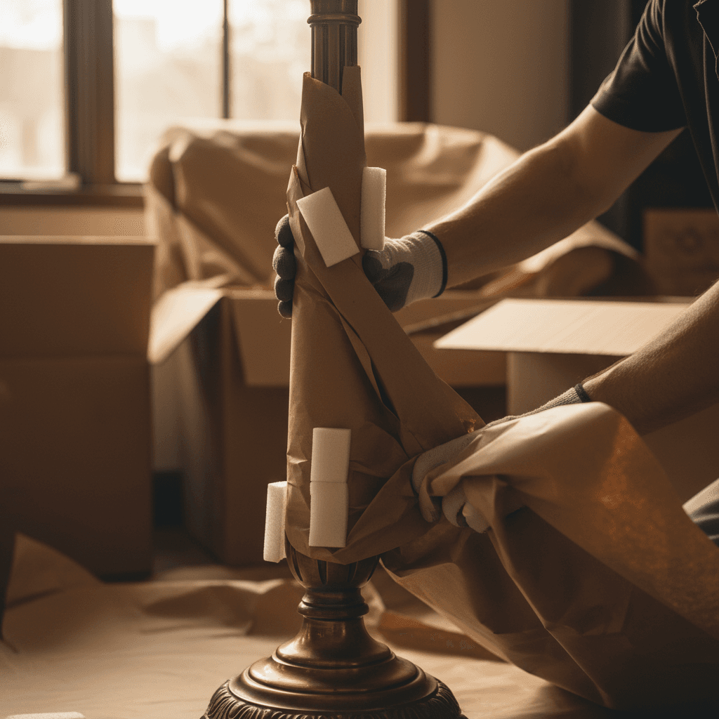 Professional hands wrapping a vintage lamp with protective foam and paper