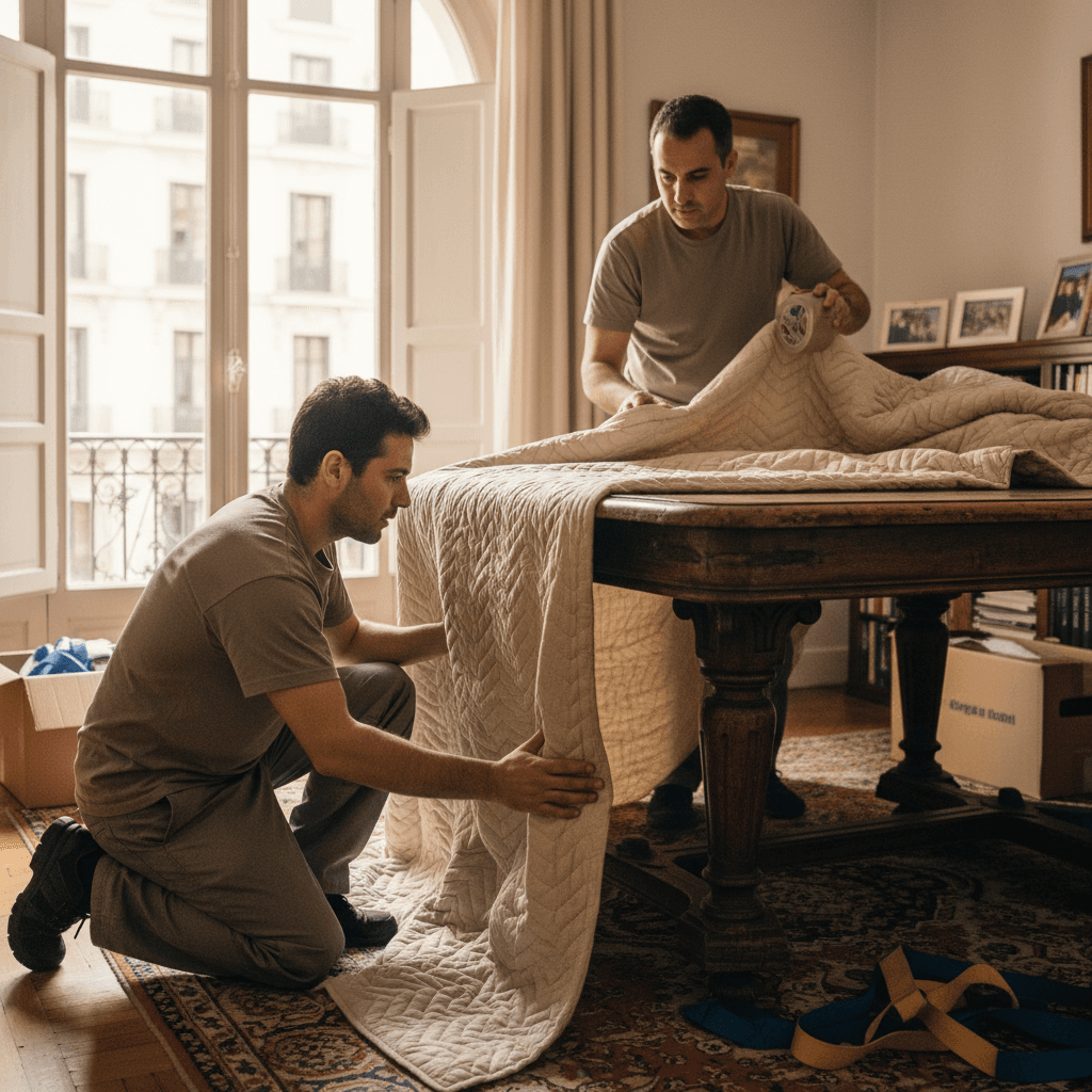 Mudanza en Madrid: equipo profesional embalando un mueble de madera con mantas protectoras