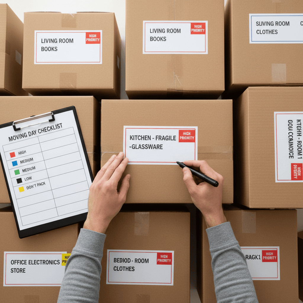 Cajas de mudanza organizadas y etiquetadas para mudanza en Madrid por Mudanzas Madroño