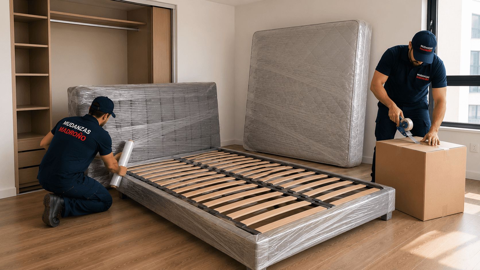 Dos operarios de mudanzas embalando una cama con plástico y sellando una caja de cartón.