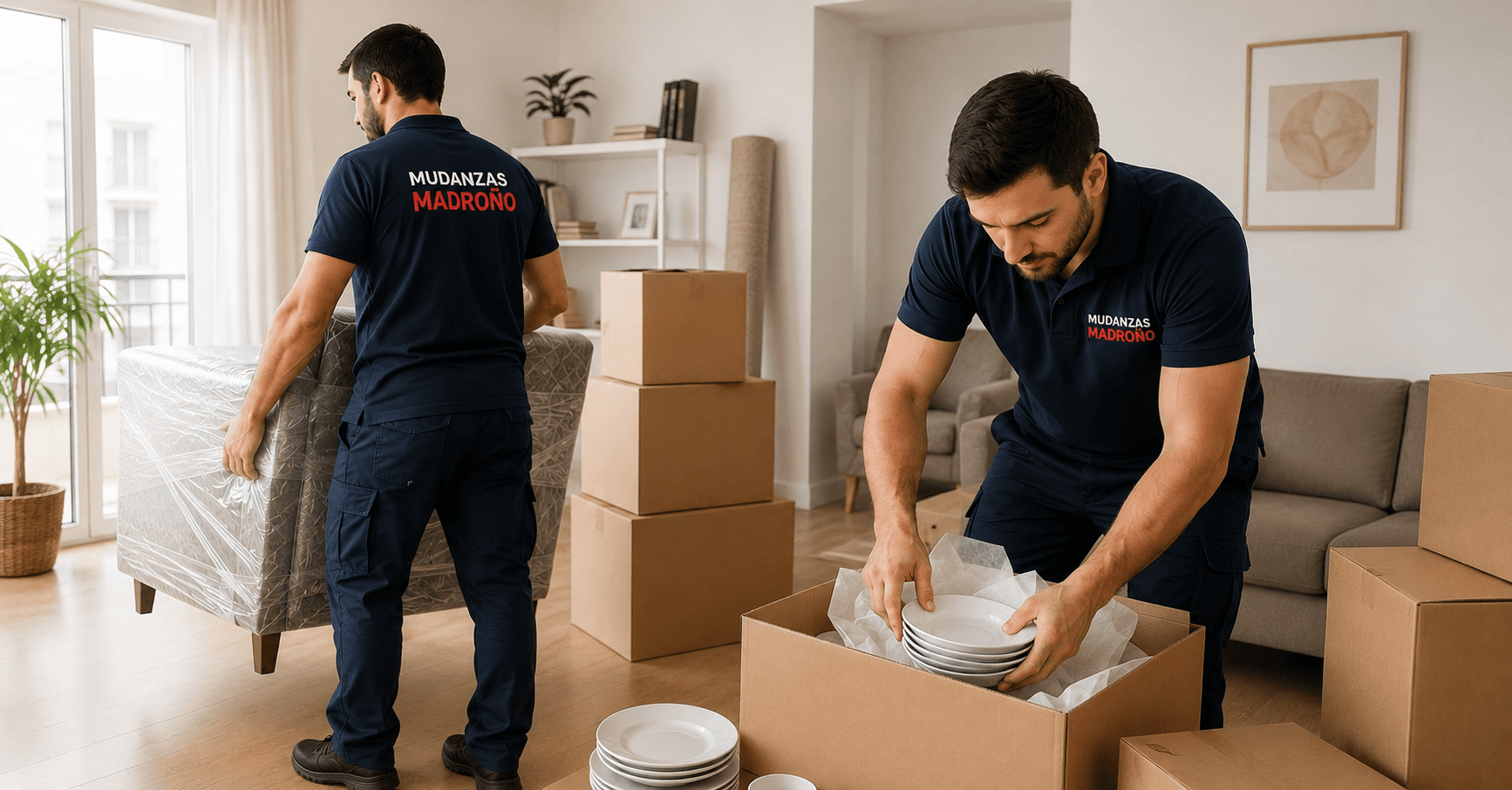 Operarios de Mudanzas Madroño empacando platos y moviendo muebles en una sala con cajas.